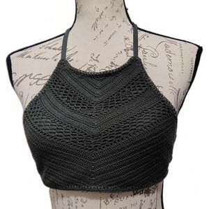 Whimsygoth Crochet Halter Crop Top Chevron Lace Up Back Medium Indie Festival